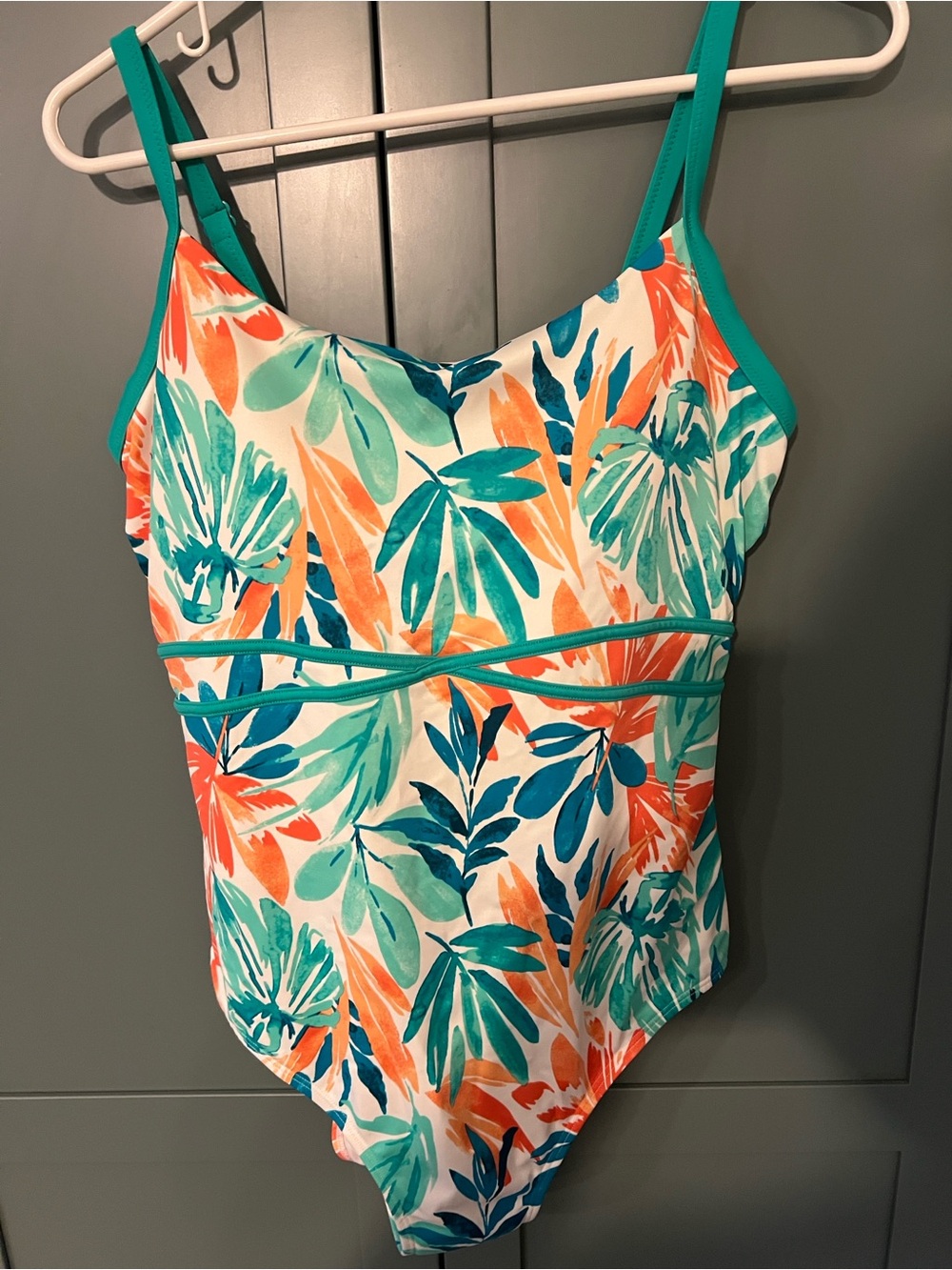 LL Bean Square Neck One Piece Swimsuit Tropical Palm Sz 12